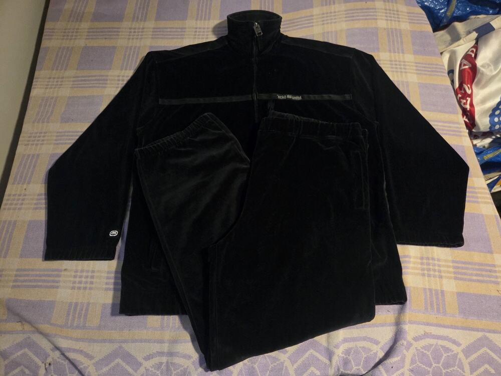 Y2K Ecko Unltd Velour Track Suit Streetwear Skater Black Logo 90s VTG 2 Piece